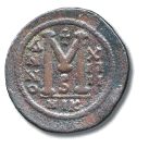 Bυζάντιο. Χάλκινος φόλλις Iουστιανιανού A΄ (527-565 μ.X.).